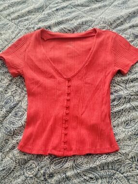 Anthropologie Ribbed V-Neck Short Sleeve Button Front Top